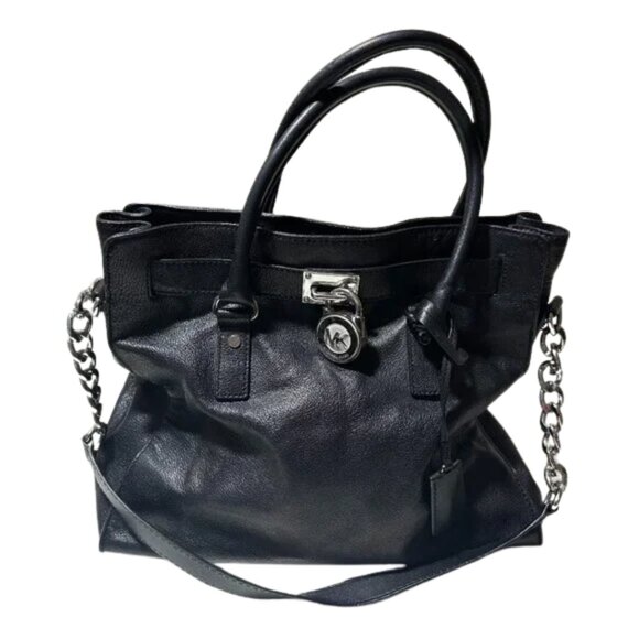 MICHAEL Michael Kors Handbags - Michael Kors Hamilton large leather satchel in black with silver-tone hardware